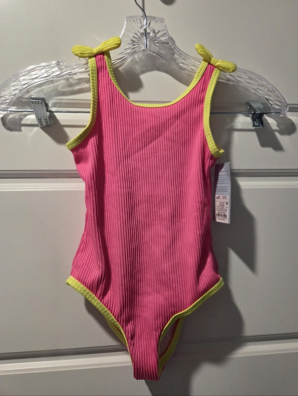 Cat & Jack Girls' Pink Ribbed One-Piece Swimsuit with Yellow Trim 3T Nwt